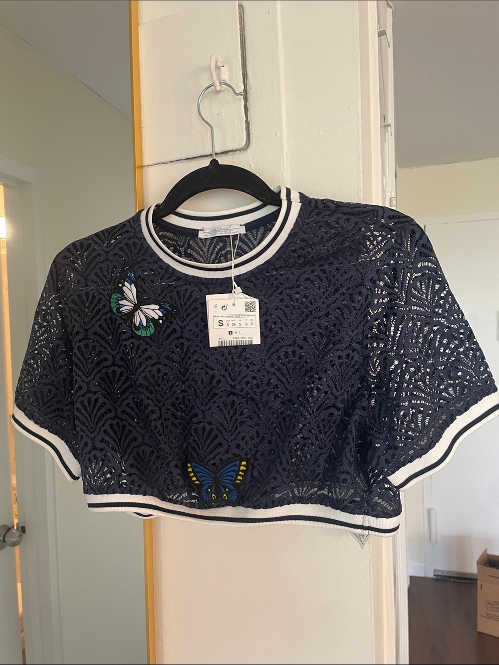 Zara Navy Lace Cropped Tee with Butterfly Appliqués